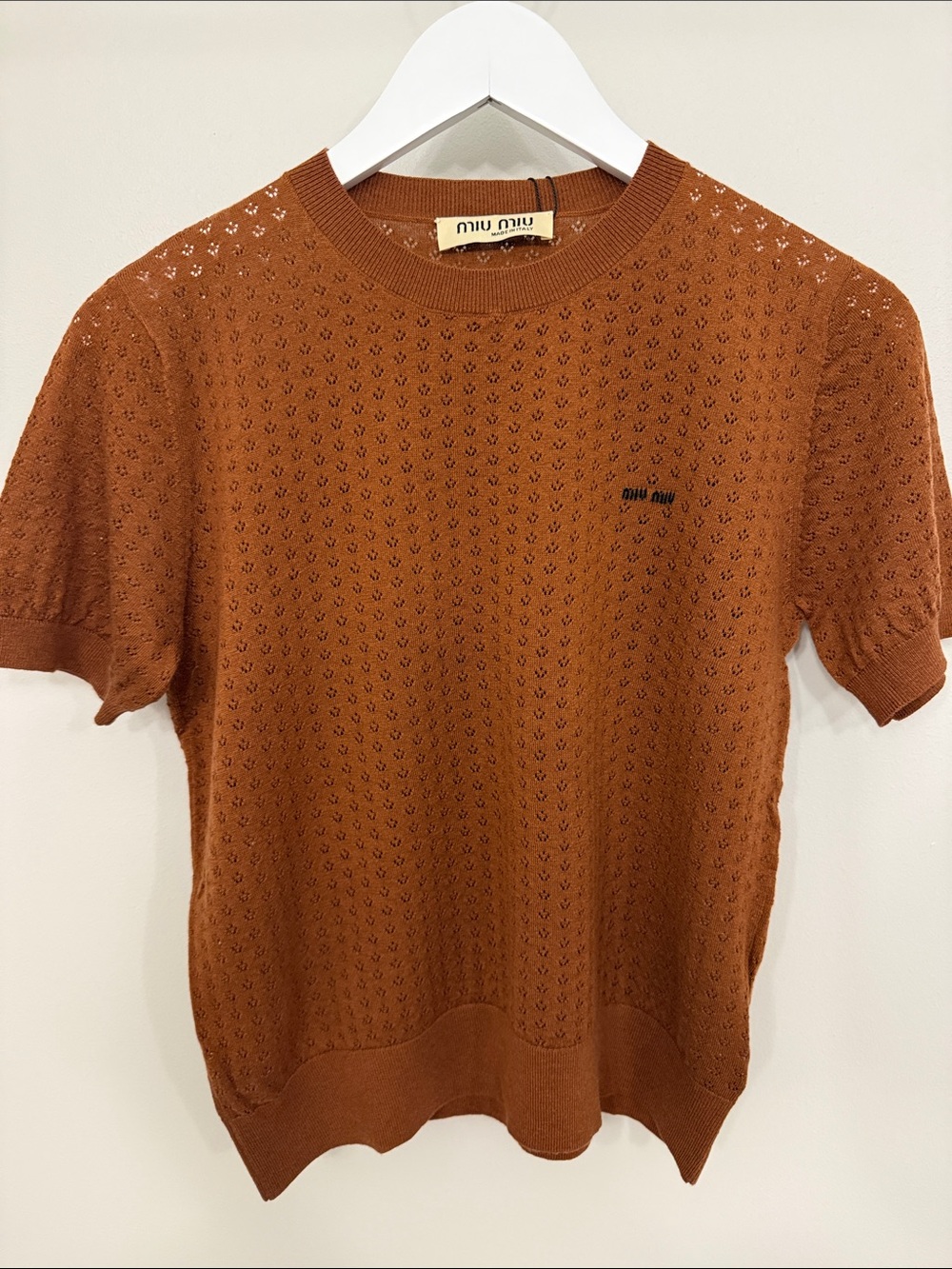Miu Miu Burnt Orange Eyelet Short Sleeve Knit Top